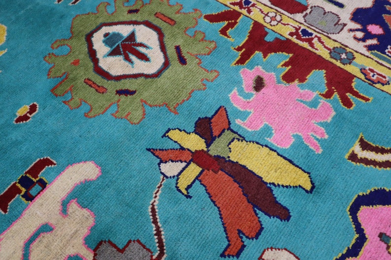 Sky Blue Turquoise  Design Oushak Wool Area Rug