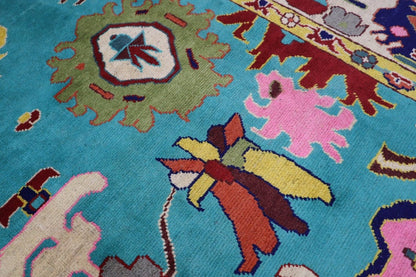 Sky Blue Turquoise  Design Oushak Wool Area Rug