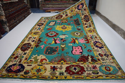 Sky Blue Turquoise  Design Oushak Wool Area Rug