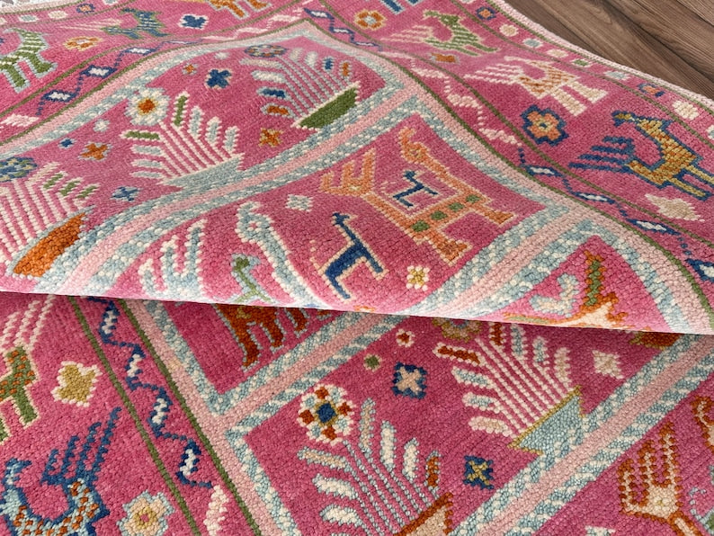 Exquisite Pink Hand Knotted Oushak Wool Area Rug