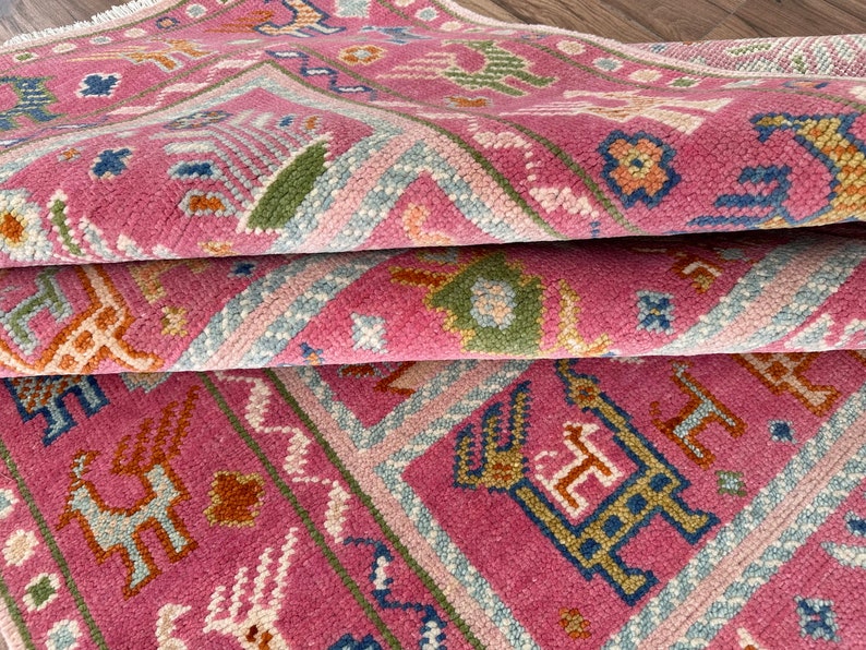 Exquisite Pink Hand Knotted Oushak Wool Area Rug