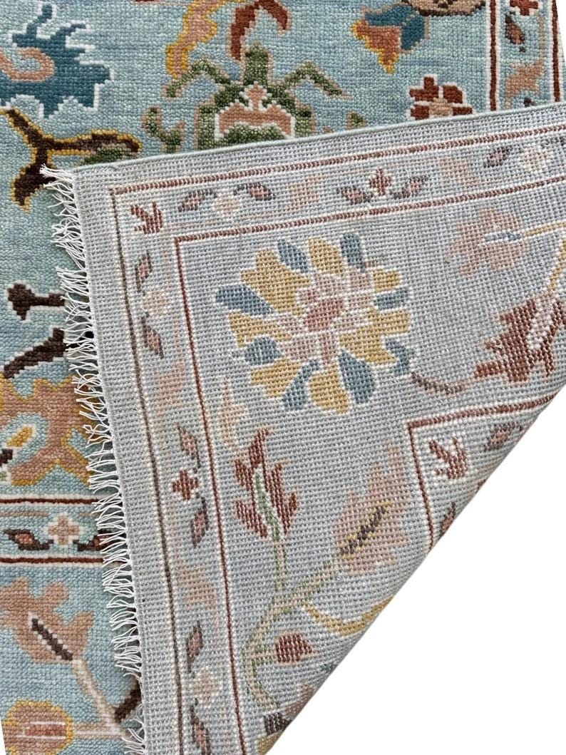 HARVEST VALE Hand-Knotted Oushak Wool Rug, Light Blue Floral Design