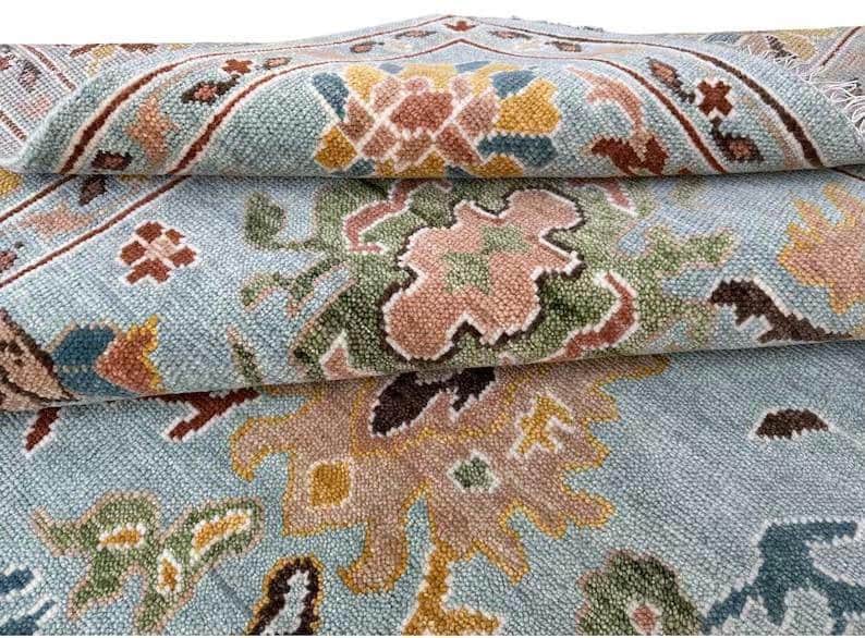 HARVEST VALE Hand-Knotted Oushak Wool Rug, Light Blue Floral Design