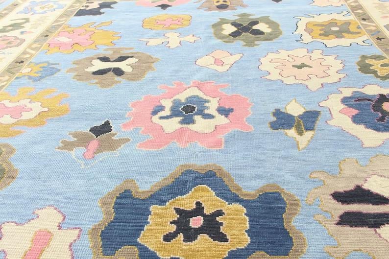 HALVERTON Hand-Knotted Wool Oushak Rug - Grey Floral Turkish Carpet