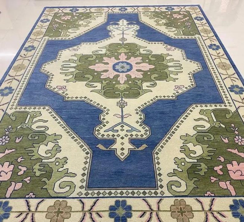 Blue Oushak Rug: Hand-Knotted Wool & Cotton Turkish Rug