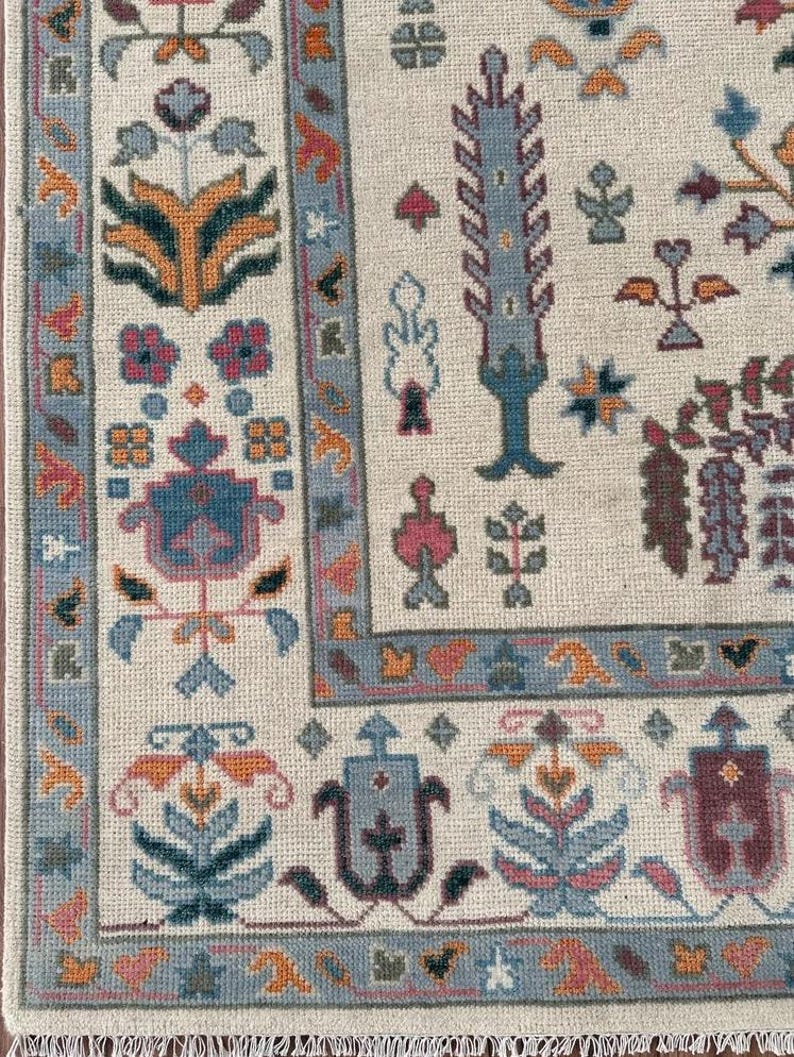 ELLINGTON Hand-Knotted Wool Oushak Rug - Tree of Life Design, Ivory Cream