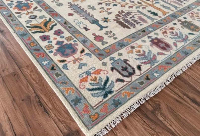ELLINGTON Hand-Knotted Wool Oushak Rug - Tree of Life Design, Ivory Cream