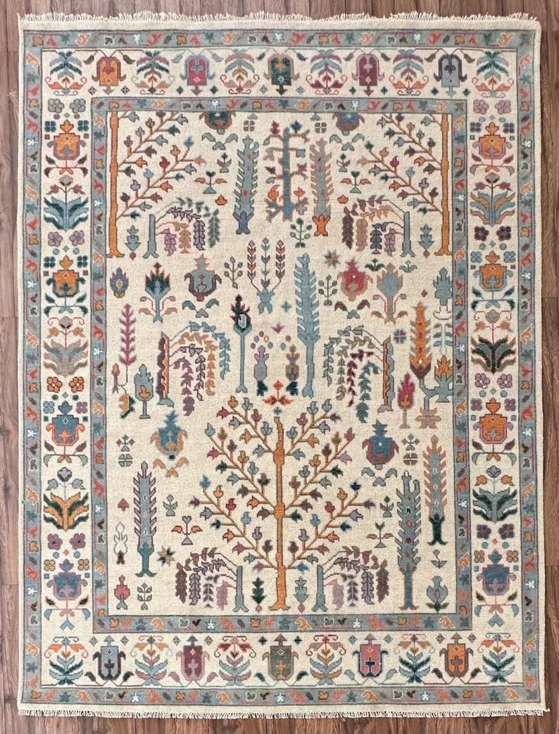 ELLINGTON Hand-Knotted Wool Oushak Rug - Tree of Life Design, Ivory Cream