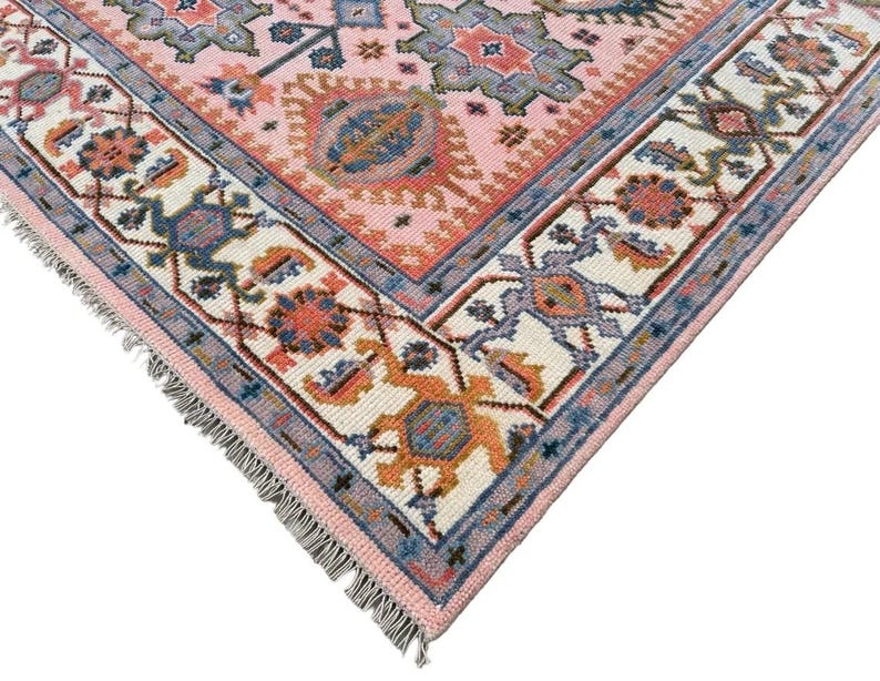 Hand Knotted Pink Oushak Rug - Handmade Turkish Wool Geometric Carpet