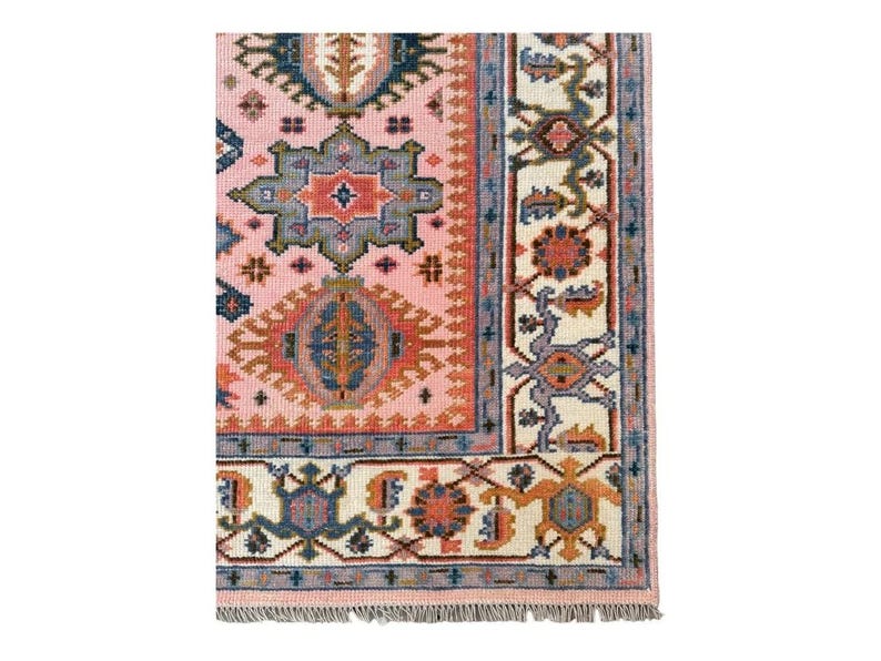 Hand Knotted Pink Oushak Rug - Handmade Turkish Wool Geometric Carpet