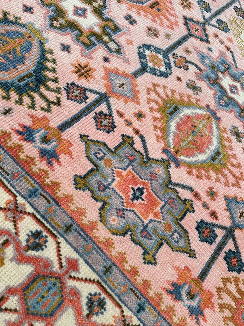 Hand Knotted Pink Oushak Rug - Handmade Turkish Wool Geometric Carpet