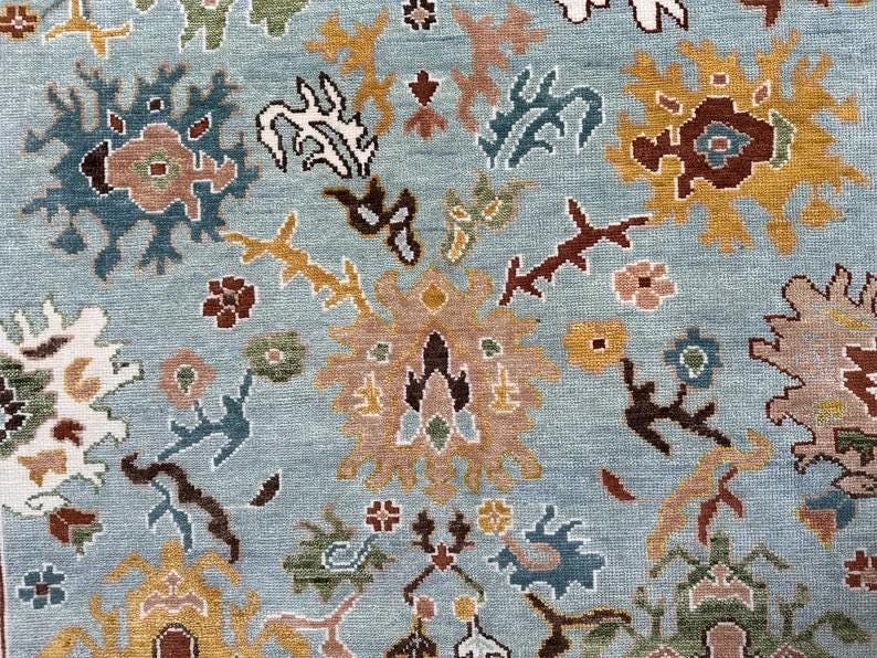 HARVEST VALE Hand-Knotted Oushak Wool Rug, Light Blue Floral Design