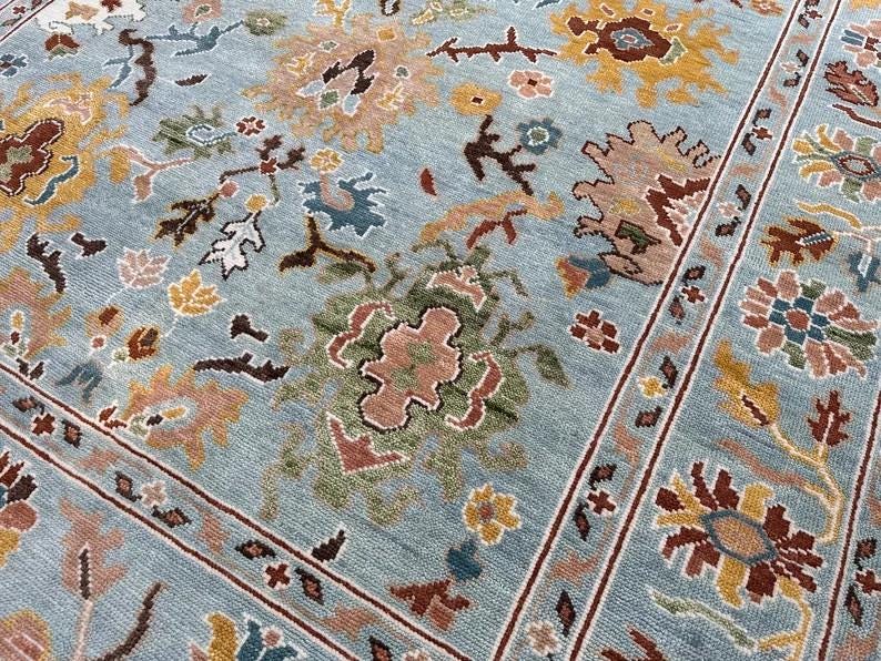 HARVEST VALE Hand-Knotted Oushak Wool Rug, Light Blue Floral Design