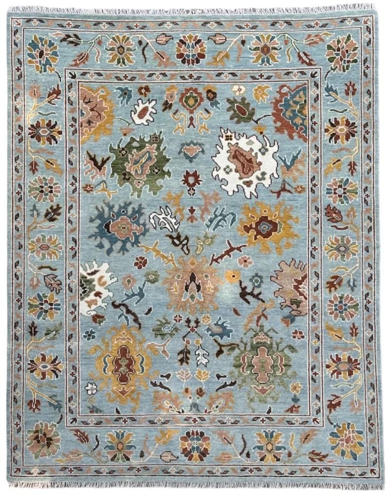 HARVEST VALE Hand-Knotted Oushak Wool Rug, Light Blue Floral Design