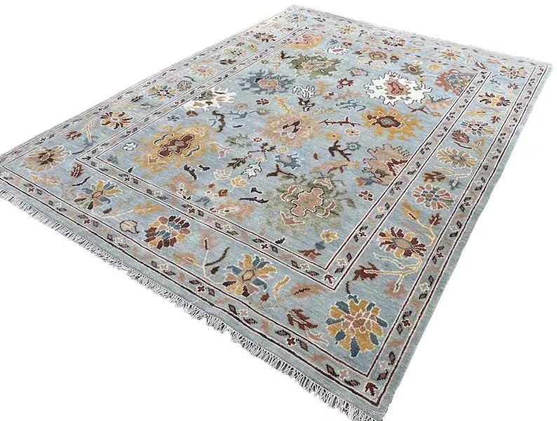 HARVEST VALE Hand-Knotted Oushak Wool Rug, Light Blue Floral Design