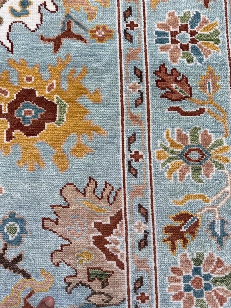 HARVEST VALE Hand-Knotted Oushak Wool Rug, Light Blue Floral Design