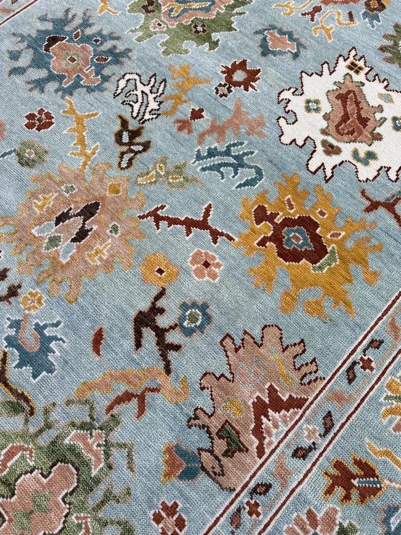 HARVEST VALE Hand-Knotted Oushak Wool Rug, Light Blue Floral Design