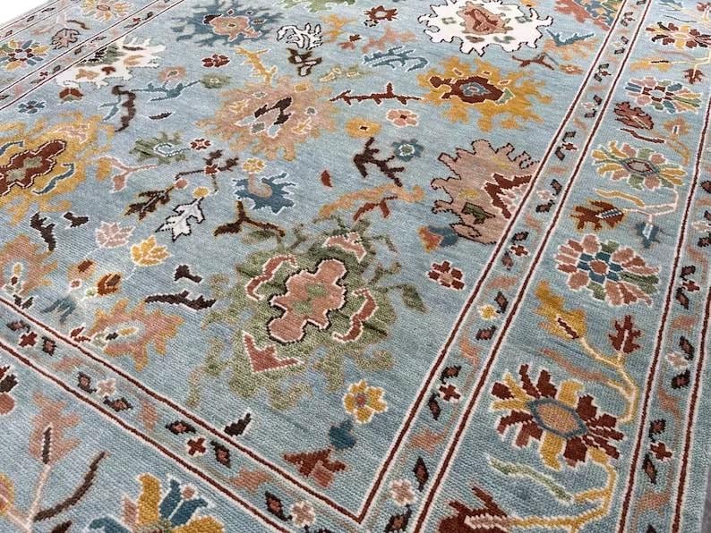 HARVEST VALE Hand-Knotted Oushak Wool Rug, Light Blue Floral Design