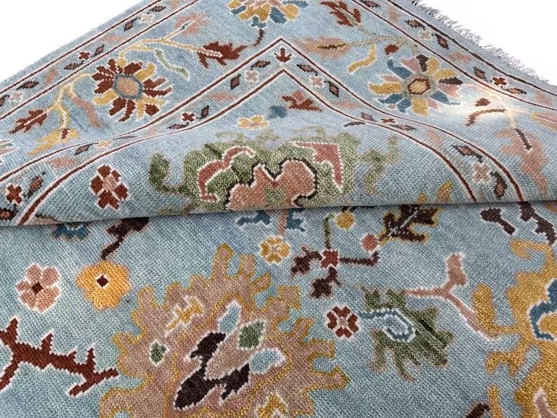 HARVEST VALE Hand-Knotted Oushak Wool Rug, Light Blue Floral Design
