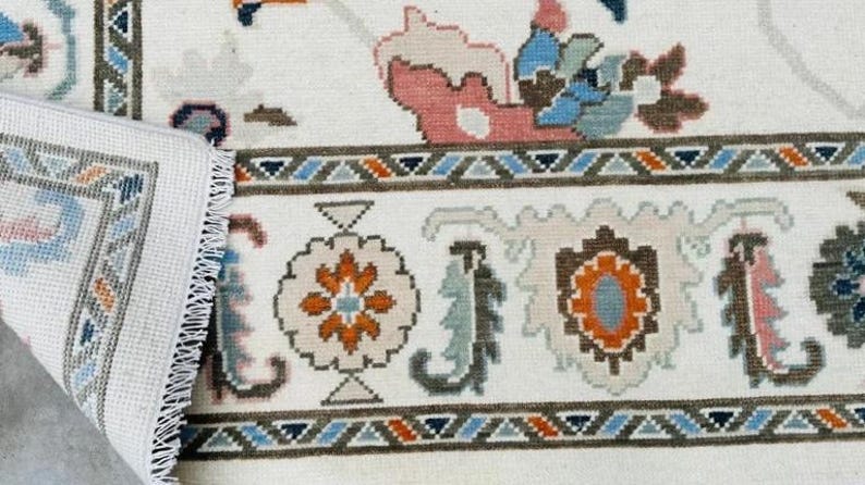 CAMBERTON Hand-Knotted Ivory Oushak Rug - Pastel Floral Wool Carpet