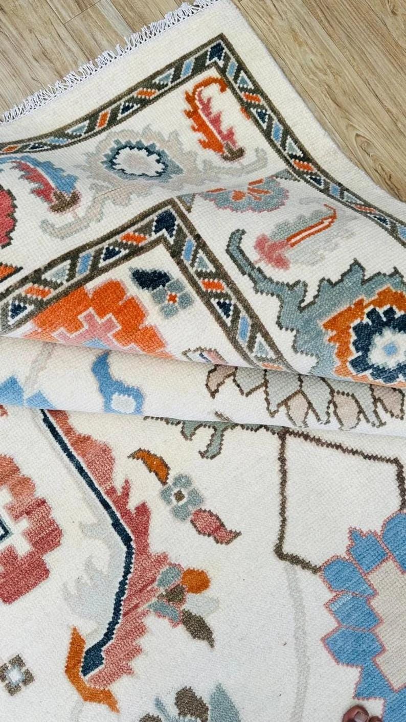 CAMBERTON Hand-Knotted Ivory Oushak Rug - Pastel Floral Wool Carpet
