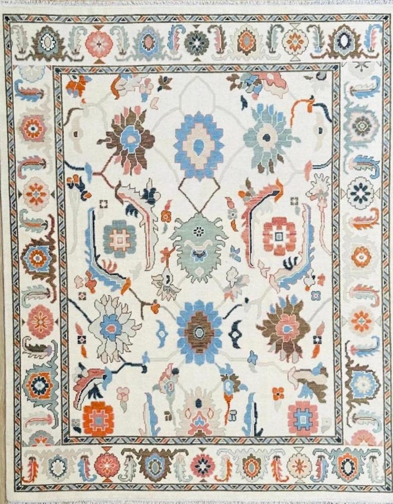 CAMBERTON Hand-Knotted Ivory Oushak Rug - Pastel Floral Wool Carpet