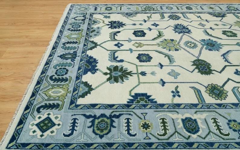 ARDENHALL Hand-Knotted Oushak Wool Rug - Cream and Sky Blue Oriental Style