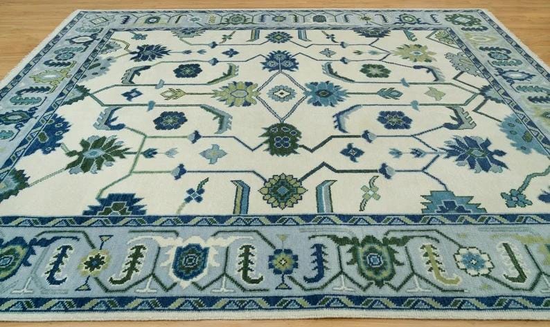 ARDENHALL Hand-Knotted Oushak Wool Rug - Cream and Sky Blue Oriental Style