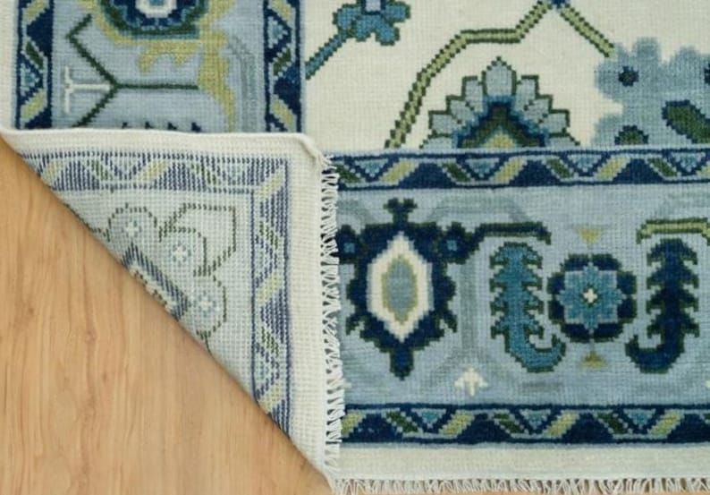 ARDENHALL Hand-Knotted Oushak Wool Rug - Cream and Sky Blue Oriental Style