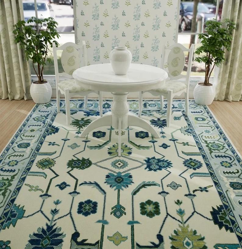 ARDENHALL Hand-Knotted Oushak Wool Rug - Cream and Sky Blue Oriental Style