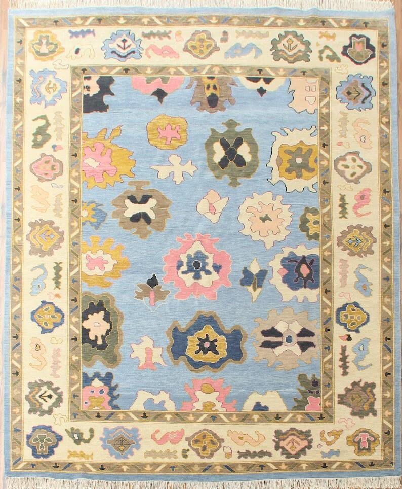Hand-Knotted Wool Oushak Rug - Grey Floral Turkish Carpet