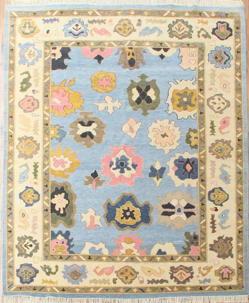 HALVERTON Hand-Knotted Wool Oushak Rug - Grey Floral Turkish Carpet