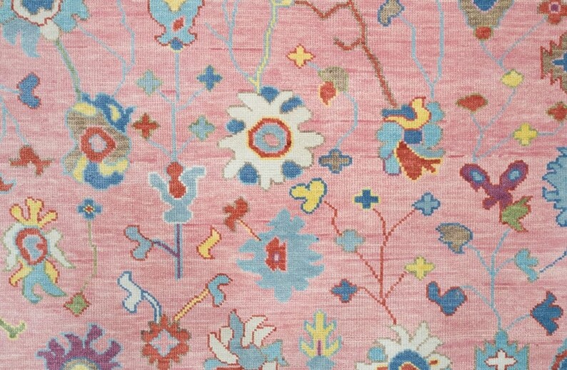Hand-Knotted Oushak Wool Rug: Pink Beige Pastel Area Rug