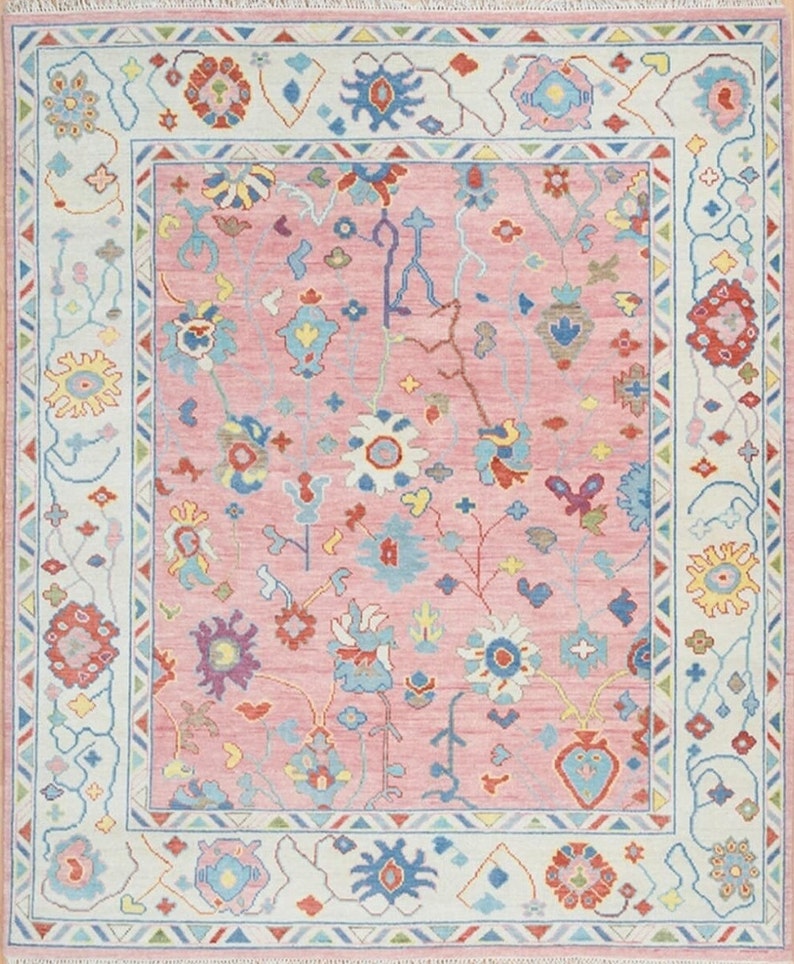 Hand-Knotted Oushak Wool Rug: Pink Beige Pastel Area Rug