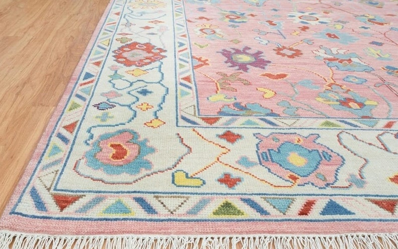 Hand-Knotted Oushak Wool Rug: Pink Beige Pastel Area Rug