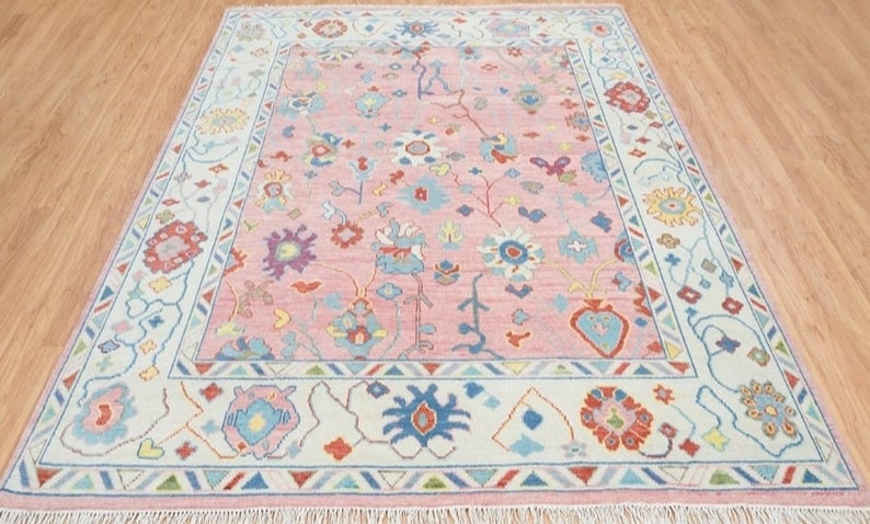 Hand-Knotted Oushak Wool Rug: Pink Beige Pastel Area Rug