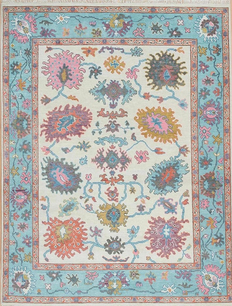 MONTAIRE Handmade Oushak Wool Rug - Bold Floral Geometric Design