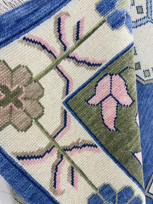Blue Oushak Rug: Hand-Knotted Wool & Cotton Turkish Rug