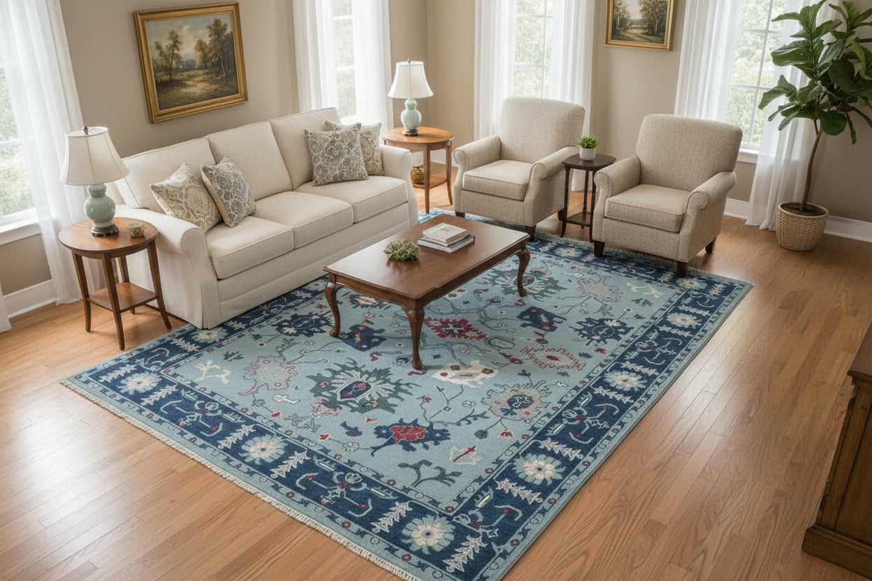 VALMERE Turkish Oushak Rug - Light Blue Farmhouse color
