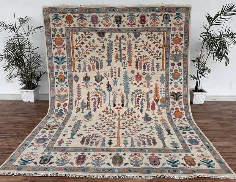 ELLINGTON Hand-Knotted Wool Oushak Rug - Tree of Life Design, Ivory Cream