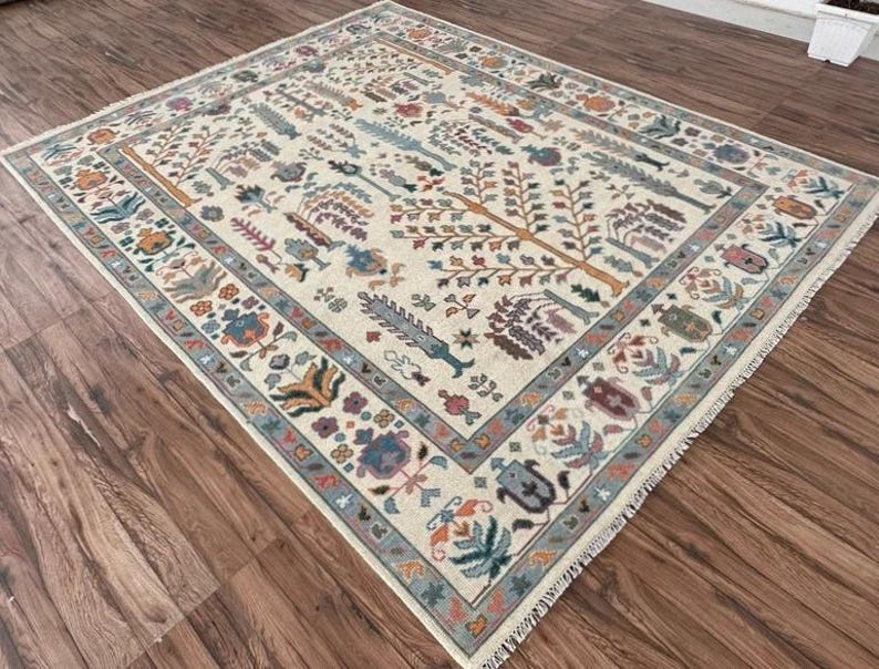 ELLINGTON Hand-Knotted Wool Oushak Rug - Tree of Life Design, Ivory Cream