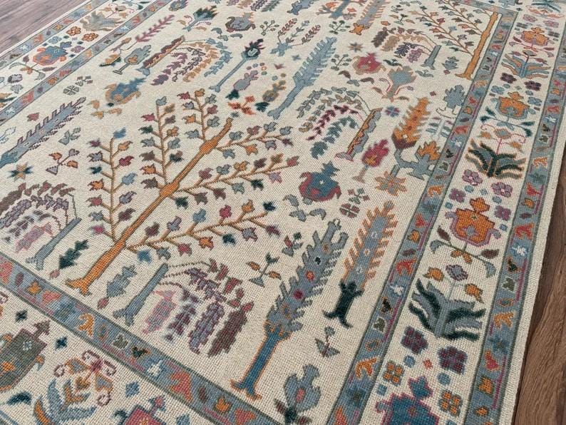 ELLINGTON Hand-Knotted Wool Oushak Rug - Tree of Life Design, Ivory Cream