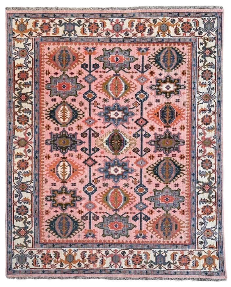 Hand Knotted Pink Oushak Rug - Handmade Turkish Wool Geometric Carpet