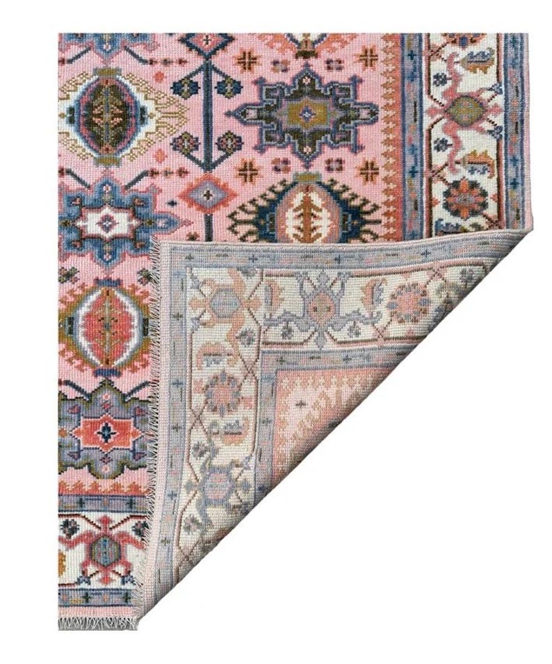 Hand Knotted Pink Oushak Rug - Handmade Turkish Wool Geometric Carpet