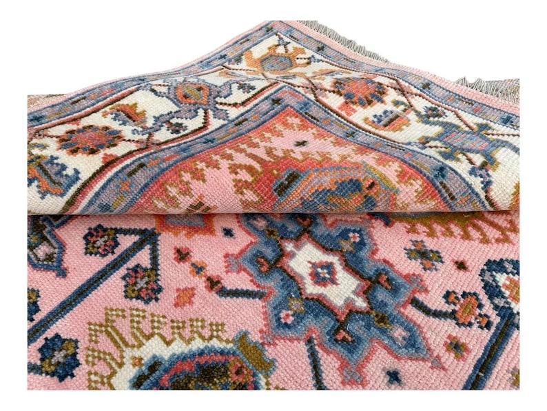 Hand Knotted Pink Oushak Rug - Handmade Turkish Wool Geometric Carpet