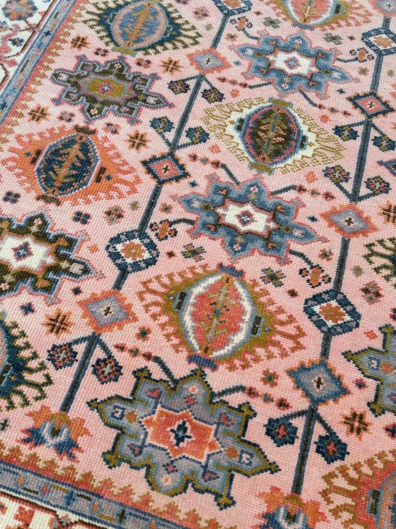 Hand Knotted Pink Oushak Rug - Handmade Turkish Wool Geometric Carpet