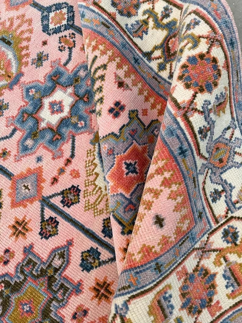 Hand Knotted Pink Oushak Rug - Handmade Turkish Wool Geometric Carpet