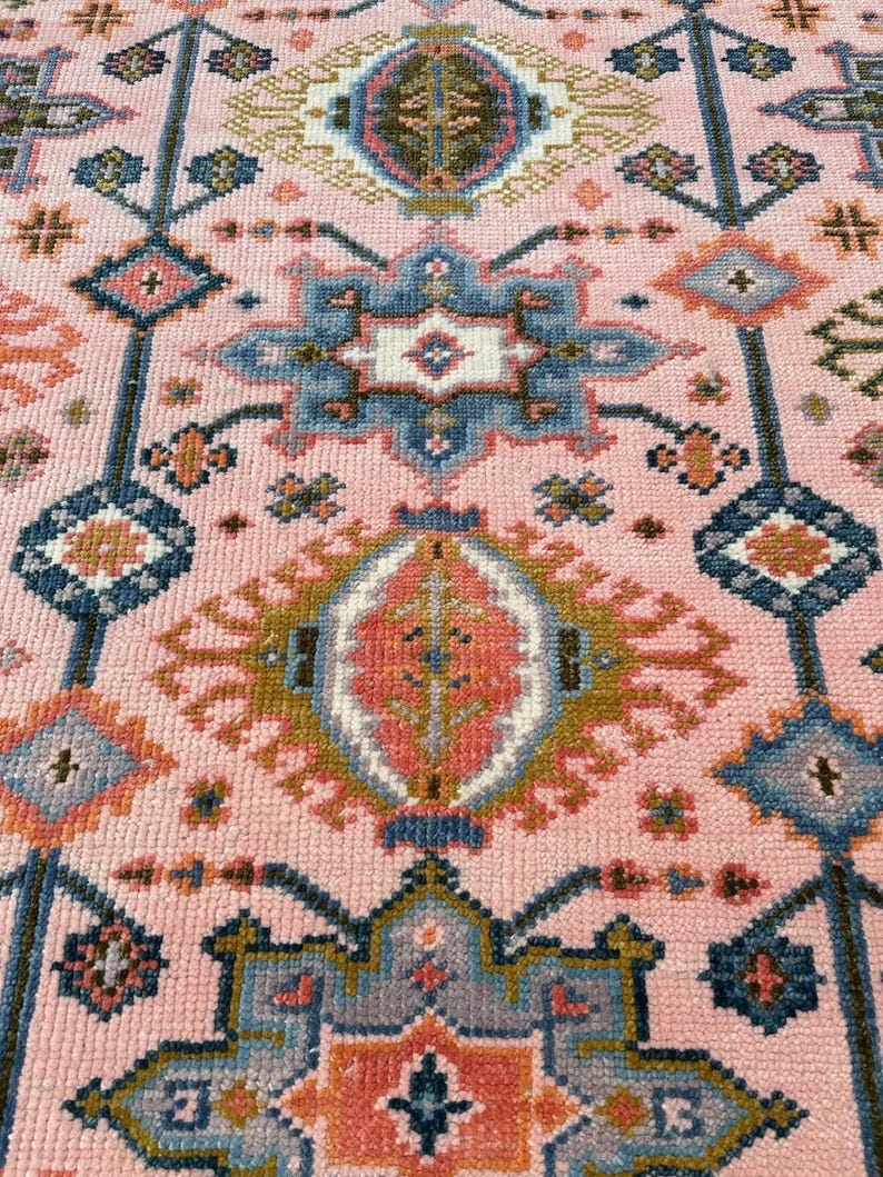 Hand Knotted Pink Oushak Rug - Handmade Turkish Wool Geometric Carpet