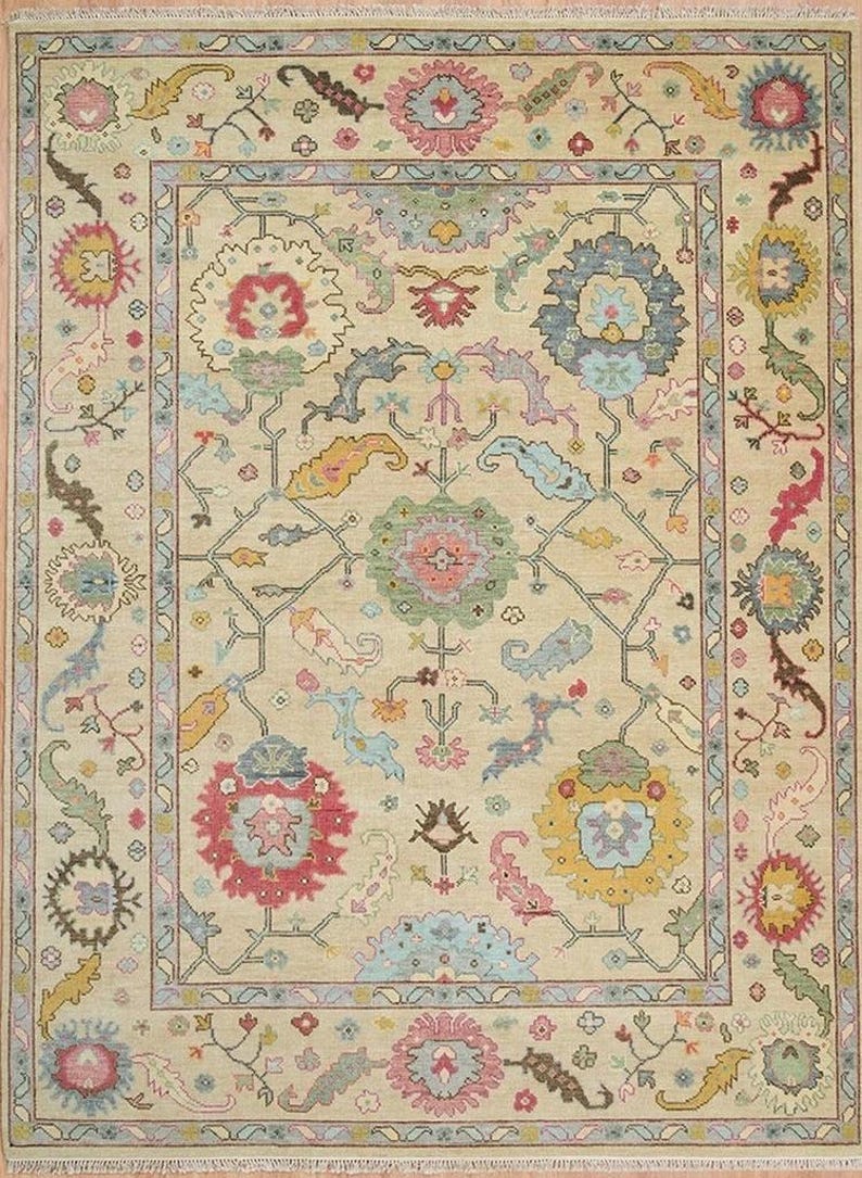Beige Oushak Rug: Hand-Knotted Turkish Wool Rug
