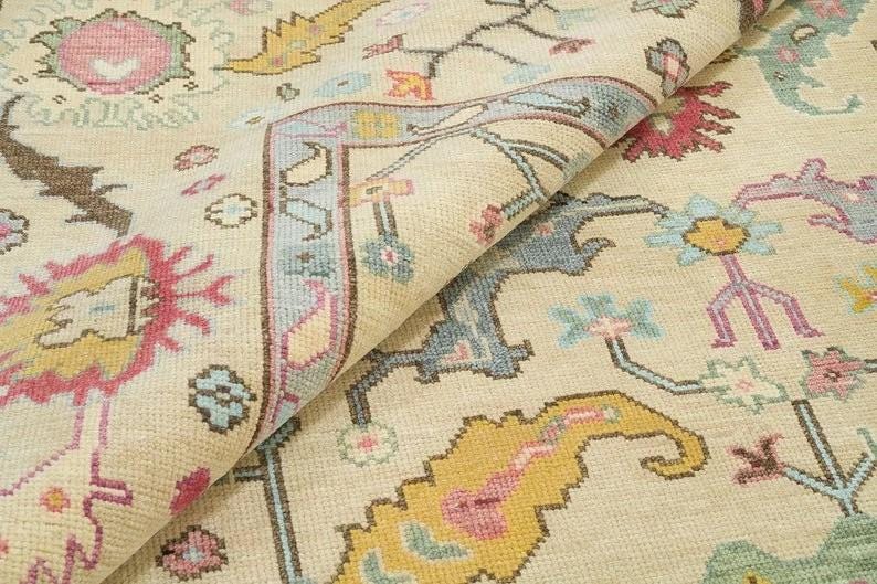 Beige Oushak Rug: Hand-Knotted Turkish Wool Rug